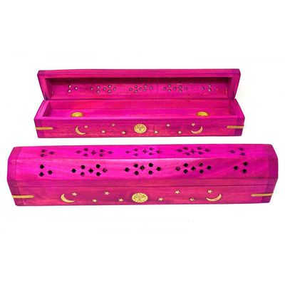 12&quot; Celestial Brass Inlay Wood Incense Box Burner with Storage - Pink