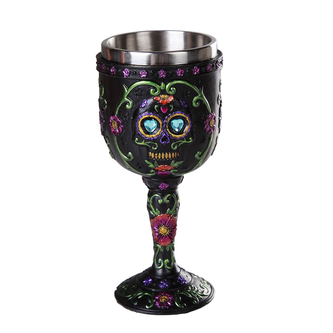 6.75&quot; Resin &amp; Stainless Steel Chalice / Goblet - Day of the Dead Skull