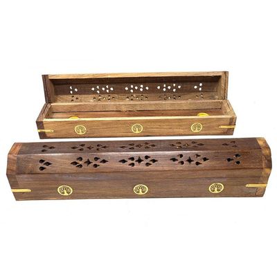 12&quot; Tree of Life Brass Inlay Wood Incense Box Burner with Storage