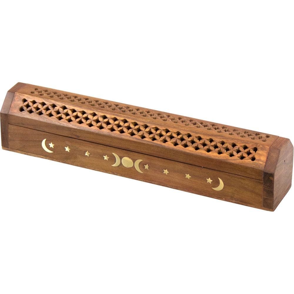 12&quot; Triple Moon Brass Inlay Wood Incense Box Burner with Storage