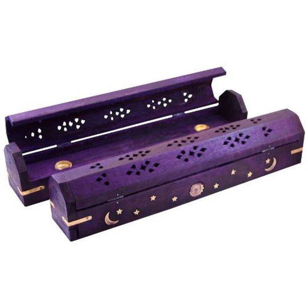 12&quot; Celestial Brass Inlay Wood Incense Box Burner with Storage - Violet