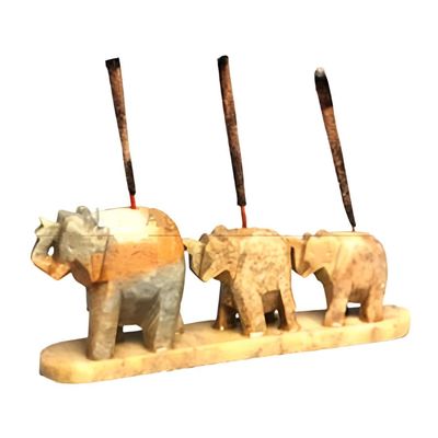 4&quot; Three Elephant Parade Soapstone Stick Incense Holder