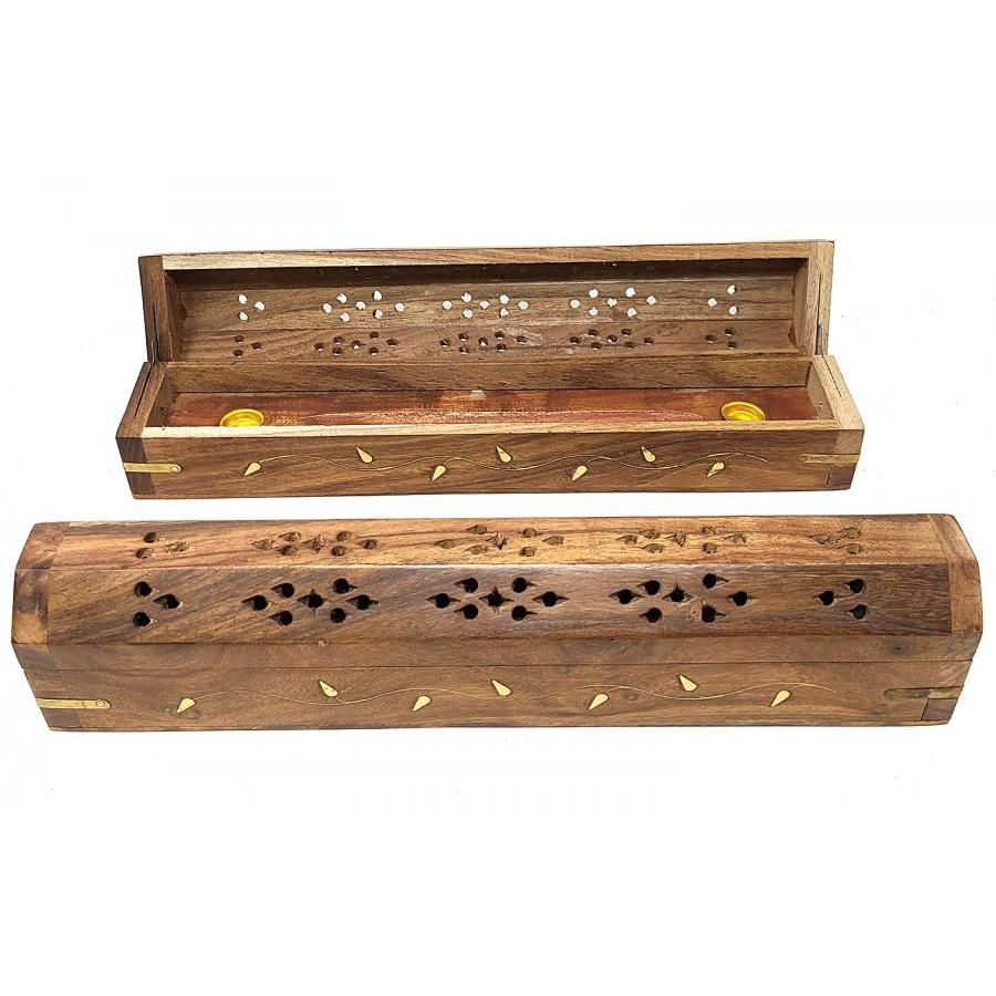 12&quot; Vine Brass Inlay Wood Incense Box Burner with Storage