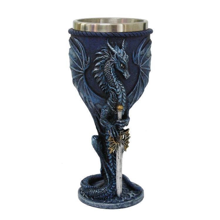 7&quot; Resin &amp; Stainless Steel Chalice / Goblet - Dragon with Sword - Blue