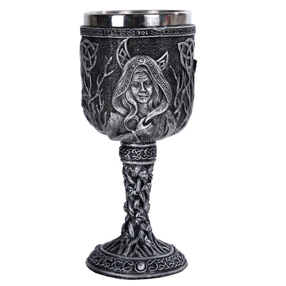 6.75&quot; Resin &amp; Stainless Steel Chalice / Goblet - Triple Moon Goddess