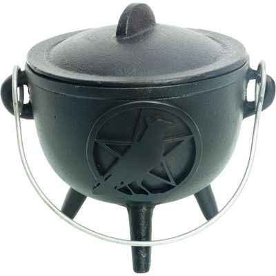 4.5&quot; Pentacle with Raven Cast Iron Food Grade Cauldron with Lid