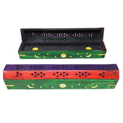 12&quot; Celestial Brass Inlay Wood Incense Box Burner with Storage - Multi Color