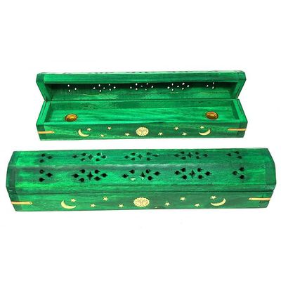12&quot; Celestial Brass Inlay Wood Incense Box Burner with Storage - Green