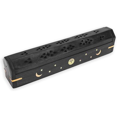 12&quot; Celestial Brass Inlay Wood Incense Box Burner with Storage - Black