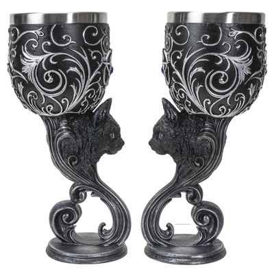 7.25&quot; Resin &amp; Stainless Steel Chalice / Goblet - Cat Familiars Love (Set of 2)