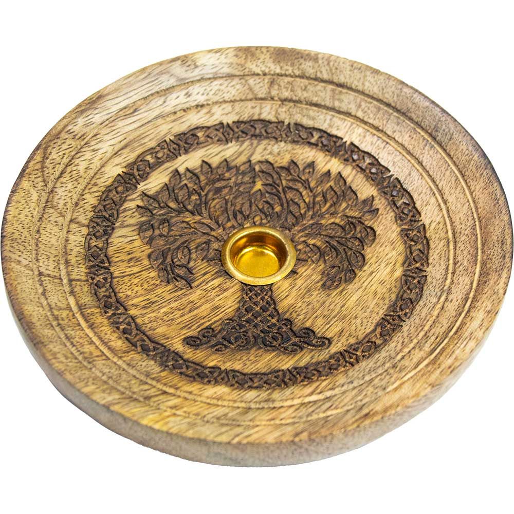 4&quot; Mango Wood Engraved Round Cone Burner - Tree of Life