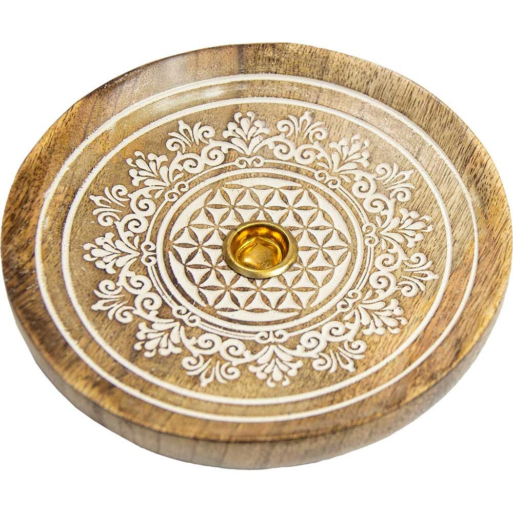 4&quot; Mango Wood Engraved Round Cone Burner - Flower of Life