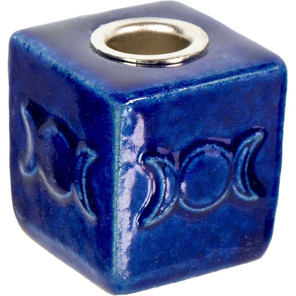 Ceramic Mini Candle Holder Cube - Triple Moon in Blue