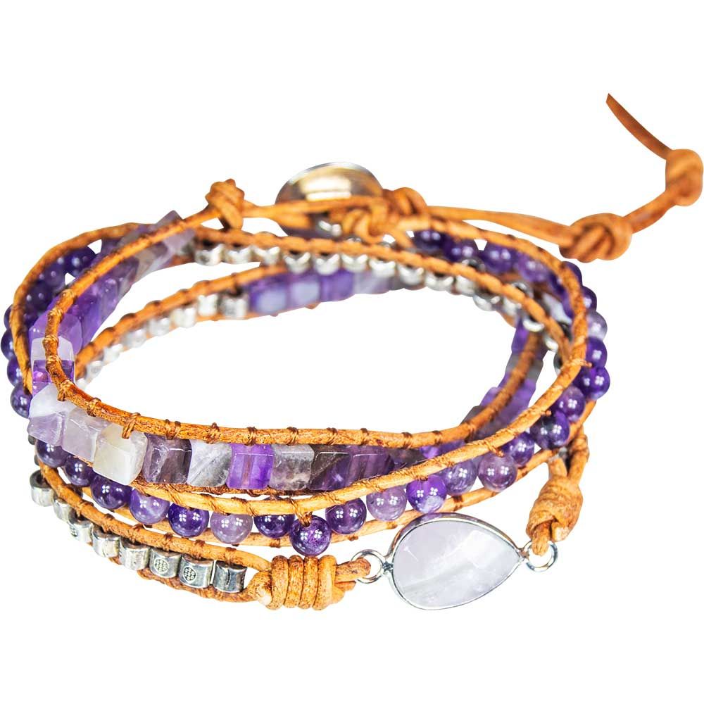 Wrap Bracelet Leather &amp; Amethyst Bracelet with Amethyst Accent