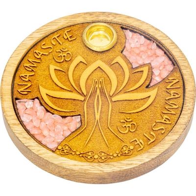 4&quot; Laser Etched Wood Round Incense Holder - Namaste with Rose Quartz Inlay, SKU KH-90121, UPC 60162…