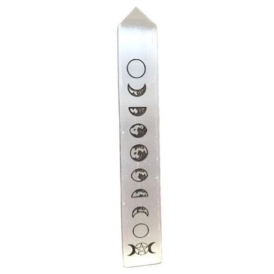 7&quot; Selenite Triple Moon Pentagram Obelisk Tower, SKU M01-89-TWO-TMP-1, UPC 700317383093
