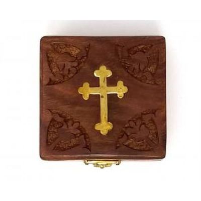3&quot; Cross Inlaid Wooden Box, SKU B28, UPC 700317302131
