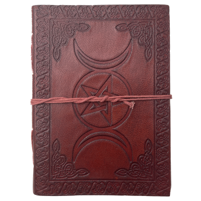 5&quot; x 7&quot; Triple Moon Pentagram Embossed Leather Journal with Cord, SKU JB75-TMP, UPC 6016217180149