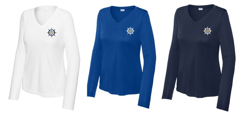 JMS Women's VNeck Dri-Fit Long Sleeve w/ Ship Wheel