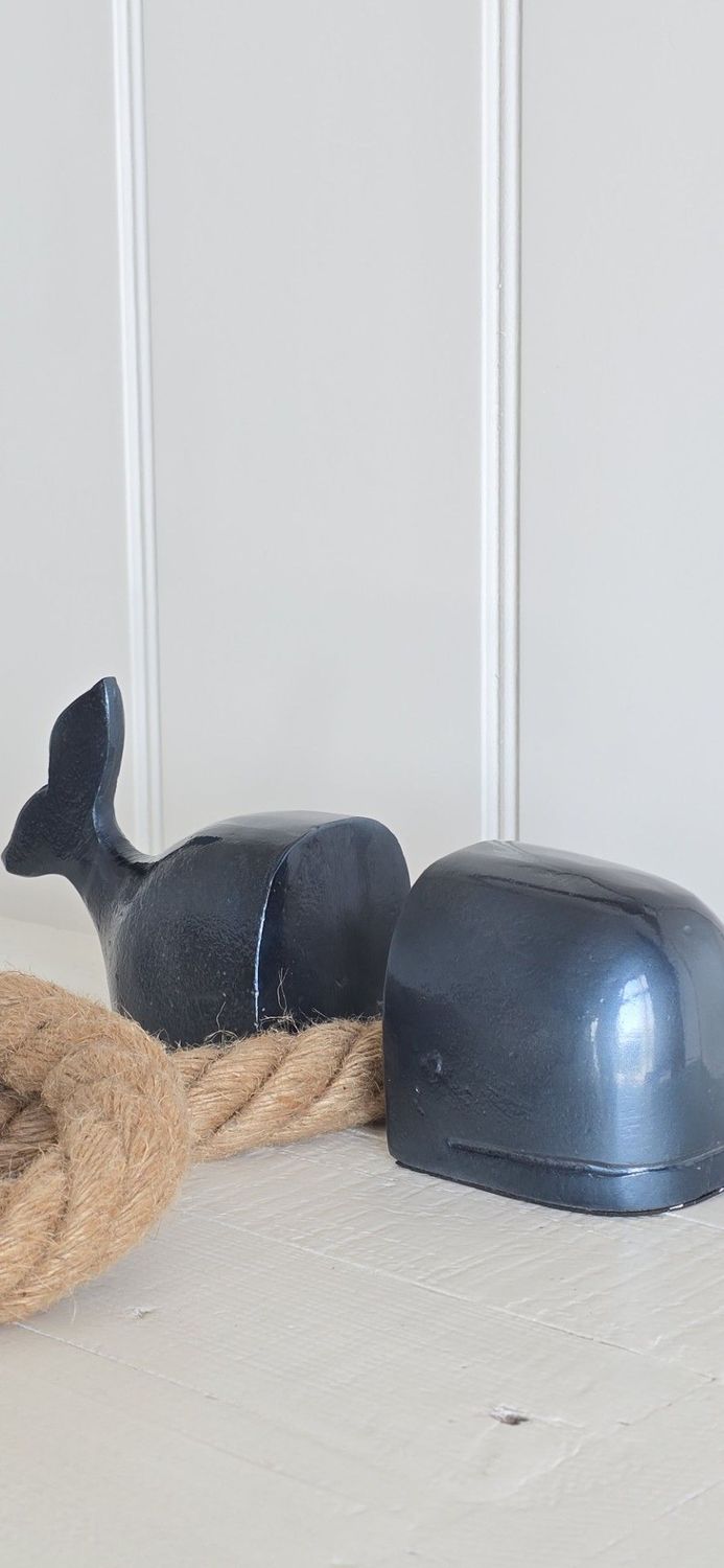 Whale bookends in steel blue