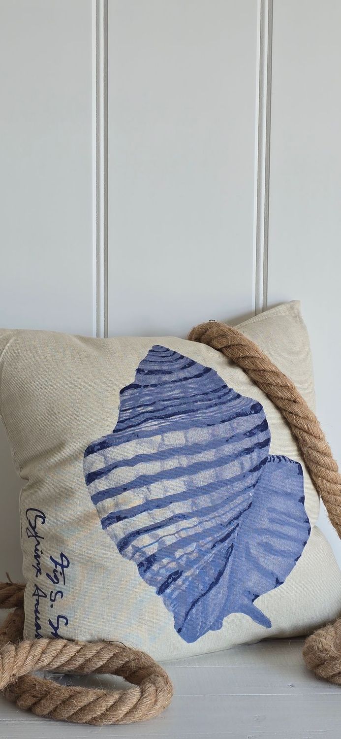Large blue shell and script cushion 45x45cm