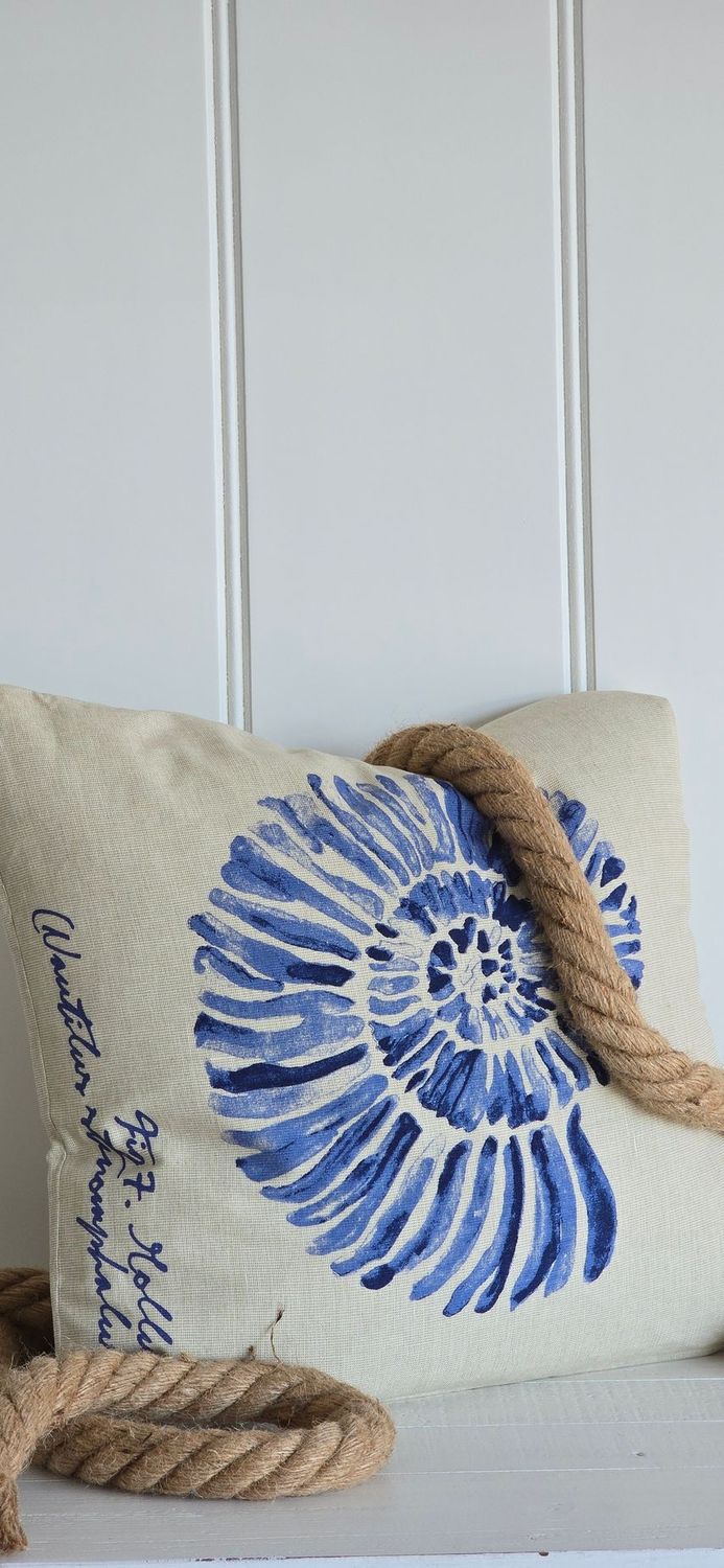 Large spiral shell and script cushion 45x45cm