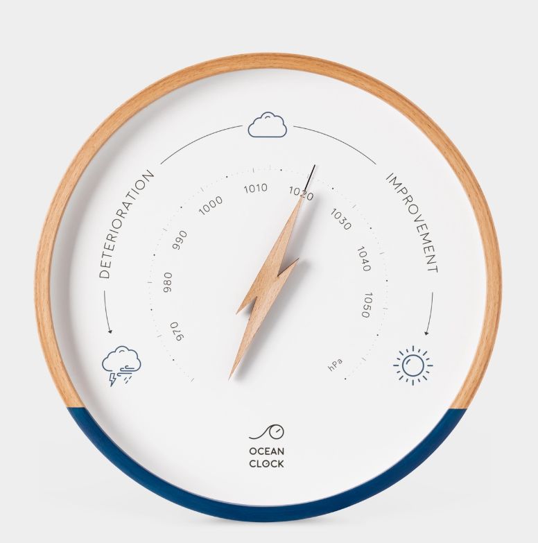 Navy blue and white wooden weather barometer