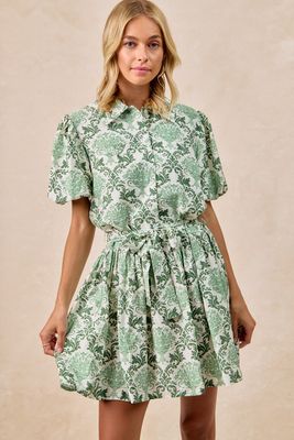 BiBi Floral Ceramic Pattern Puff Sleeve Dress