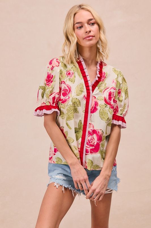 Bibi Floral Printed Contrast Ruffled Blouse