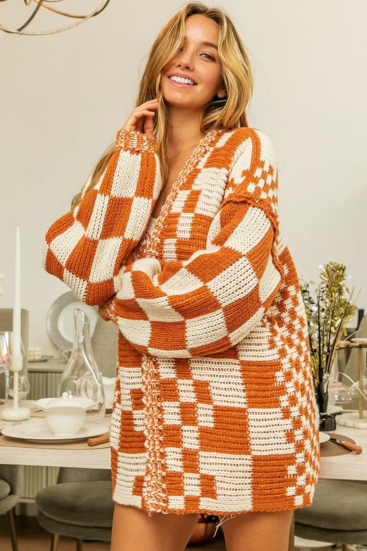 BiBi Mixed Chech Pattern Loose Fit Chunky Cardigan