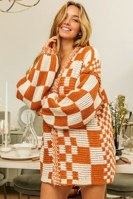 BiBi Mixed Chech Pattern Loose Fit Chunky Cardigan
