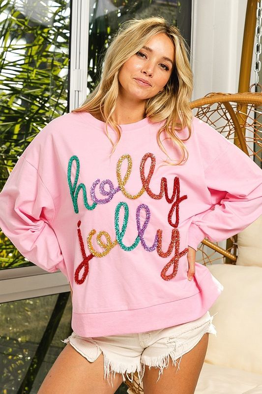 BiBi Holly Jolly Tinsel Metallic Letter Pullover