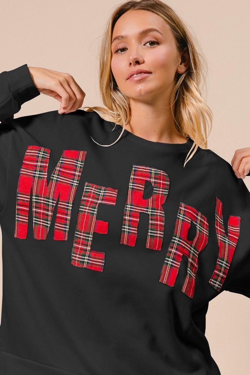 BiBi Plaid Merry Christmas Fleece Sweatshirt