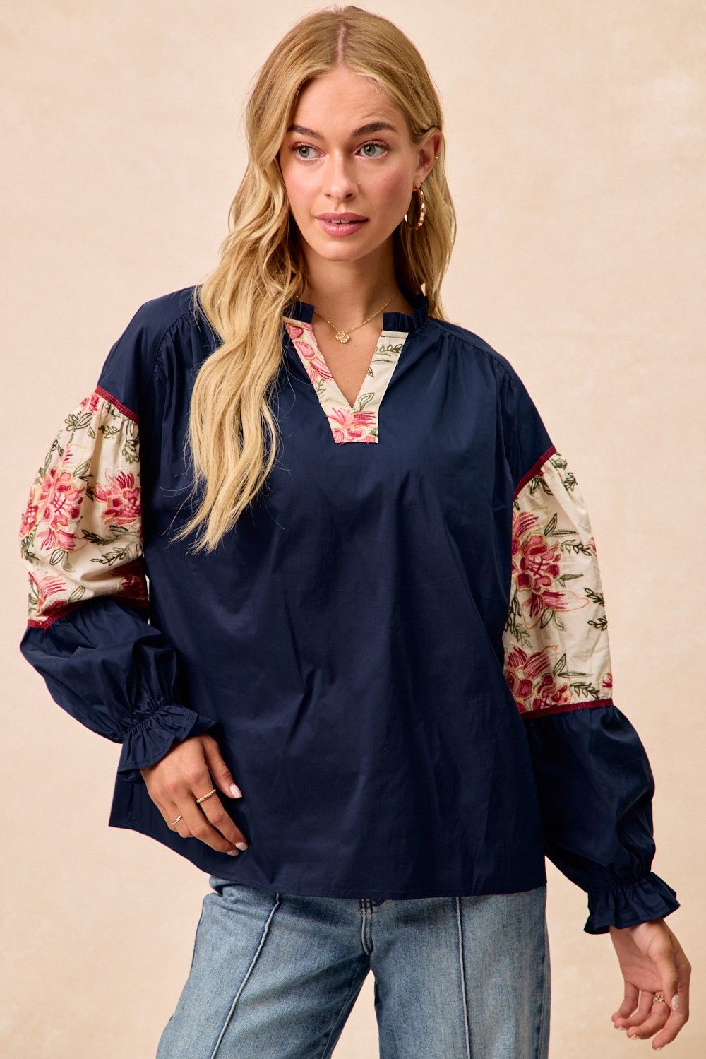 BiBi Solid Woven Embroidery Block Ruffle Top