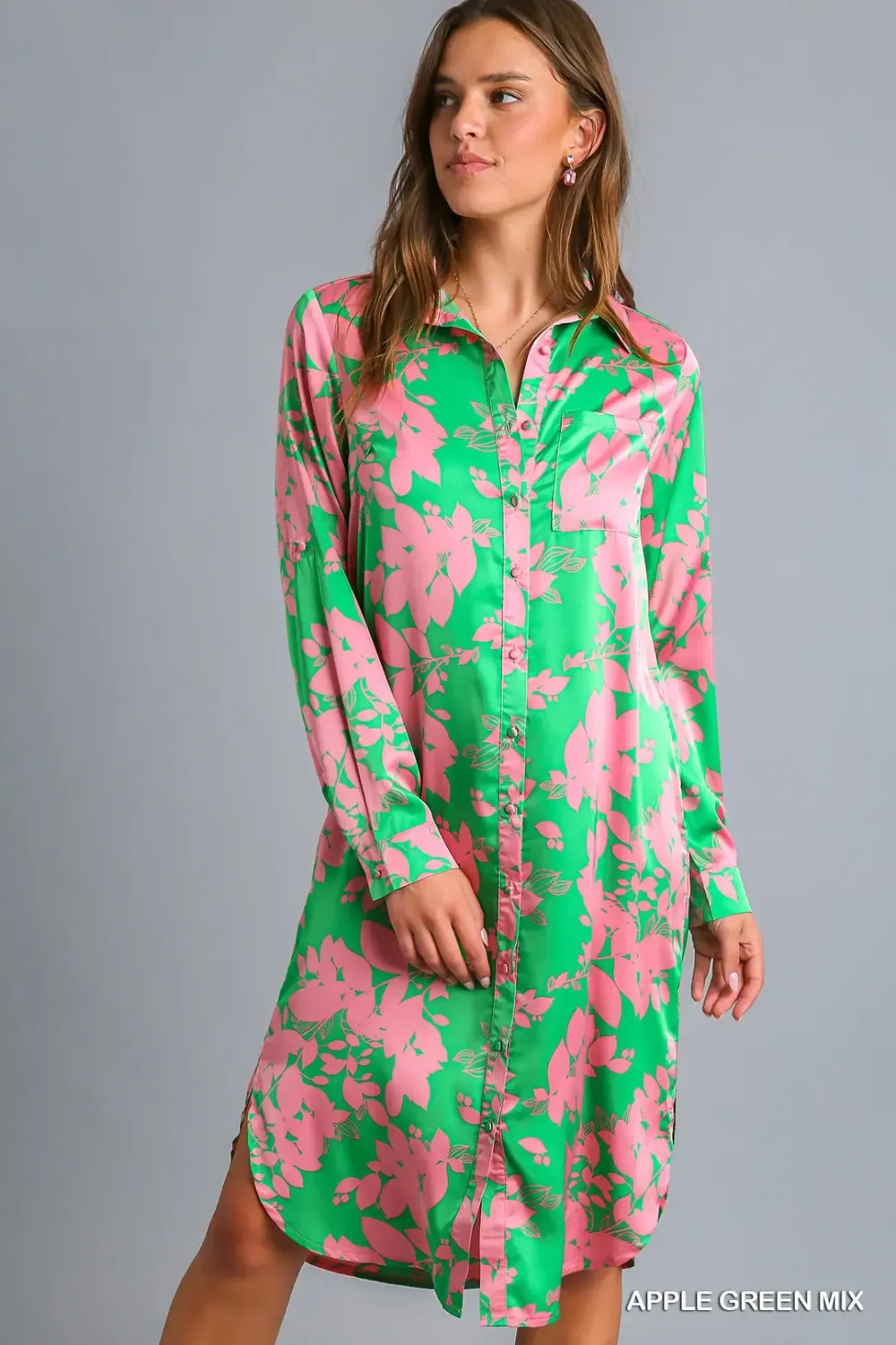 Umgee Satin Button Down High Low Hem Dress