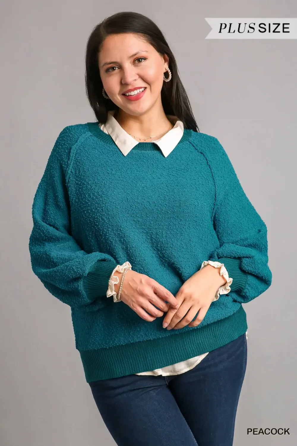 Umgee Plus Puff Sleeve Boat Neck Sweater