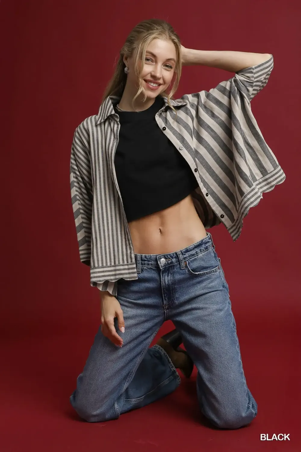 Umgee Plus Mixed Stripe Button Down Shirt