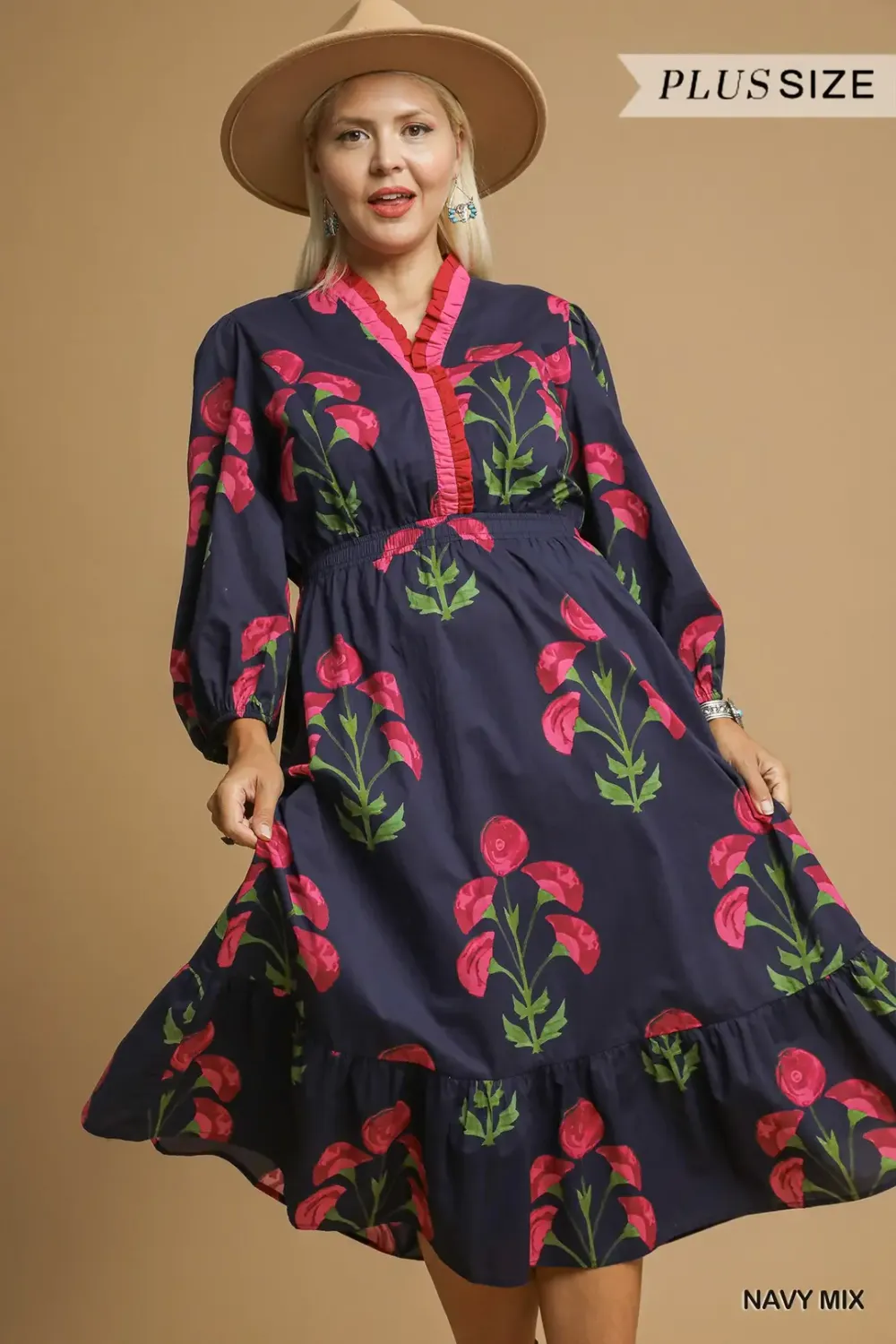 Umgee Plus Navy Mix Floral Midi Dress W/ Ruffle Trim