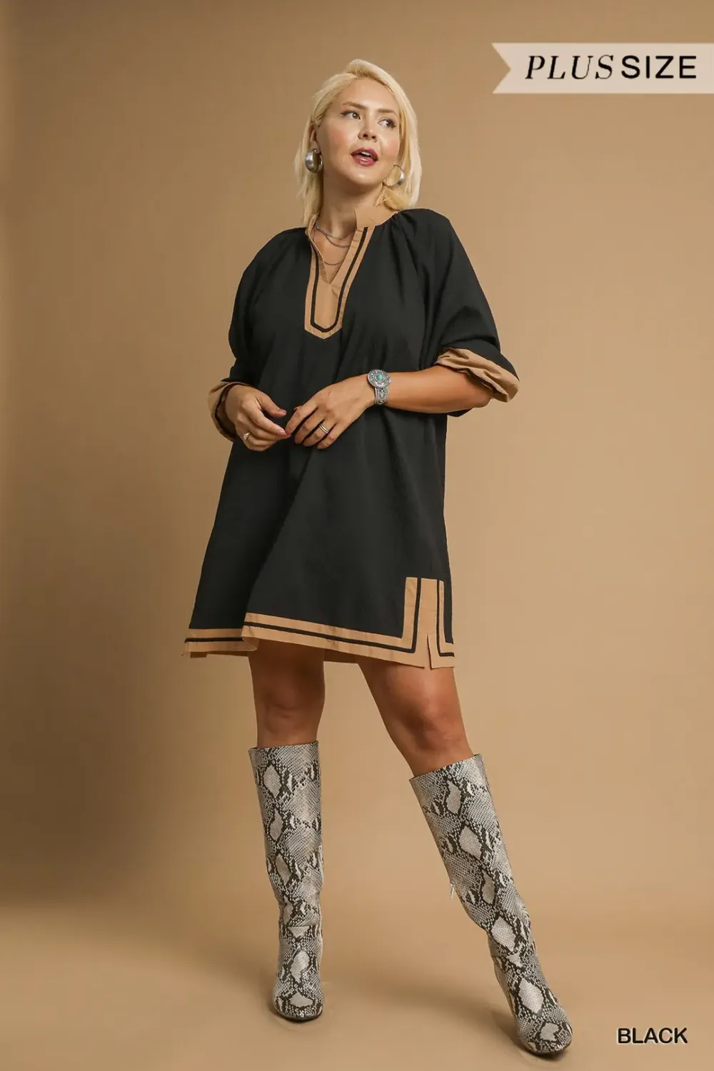 Umgee Plus Colorblock Trim V-Neck Tunic Dress