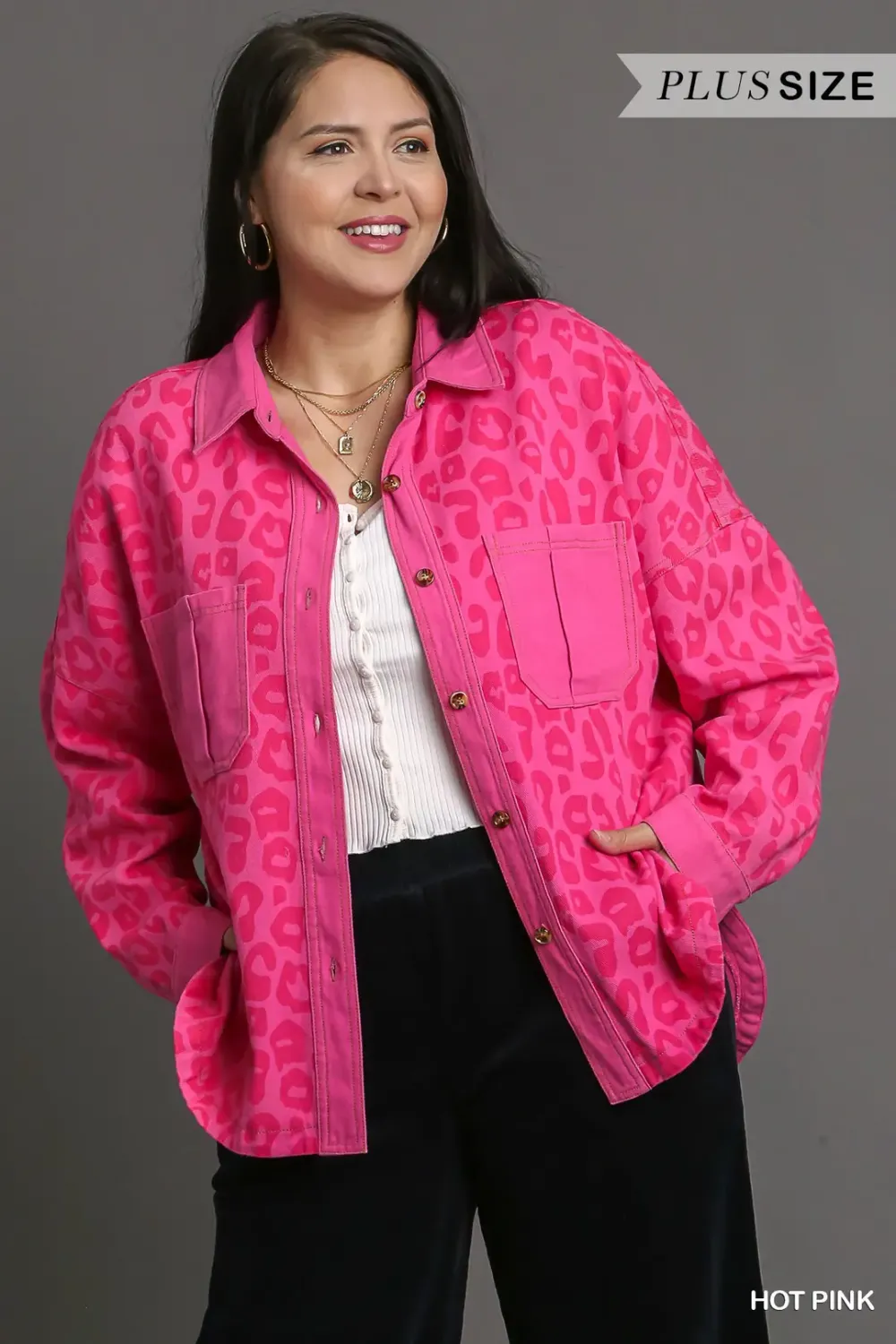 Umgee Plus Animal Print Button Down Tortoise Shacket