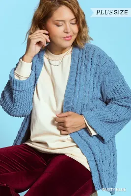 Umgee Plus 3/4 Folded Sleeve Open Front Cable Knit Cardigan