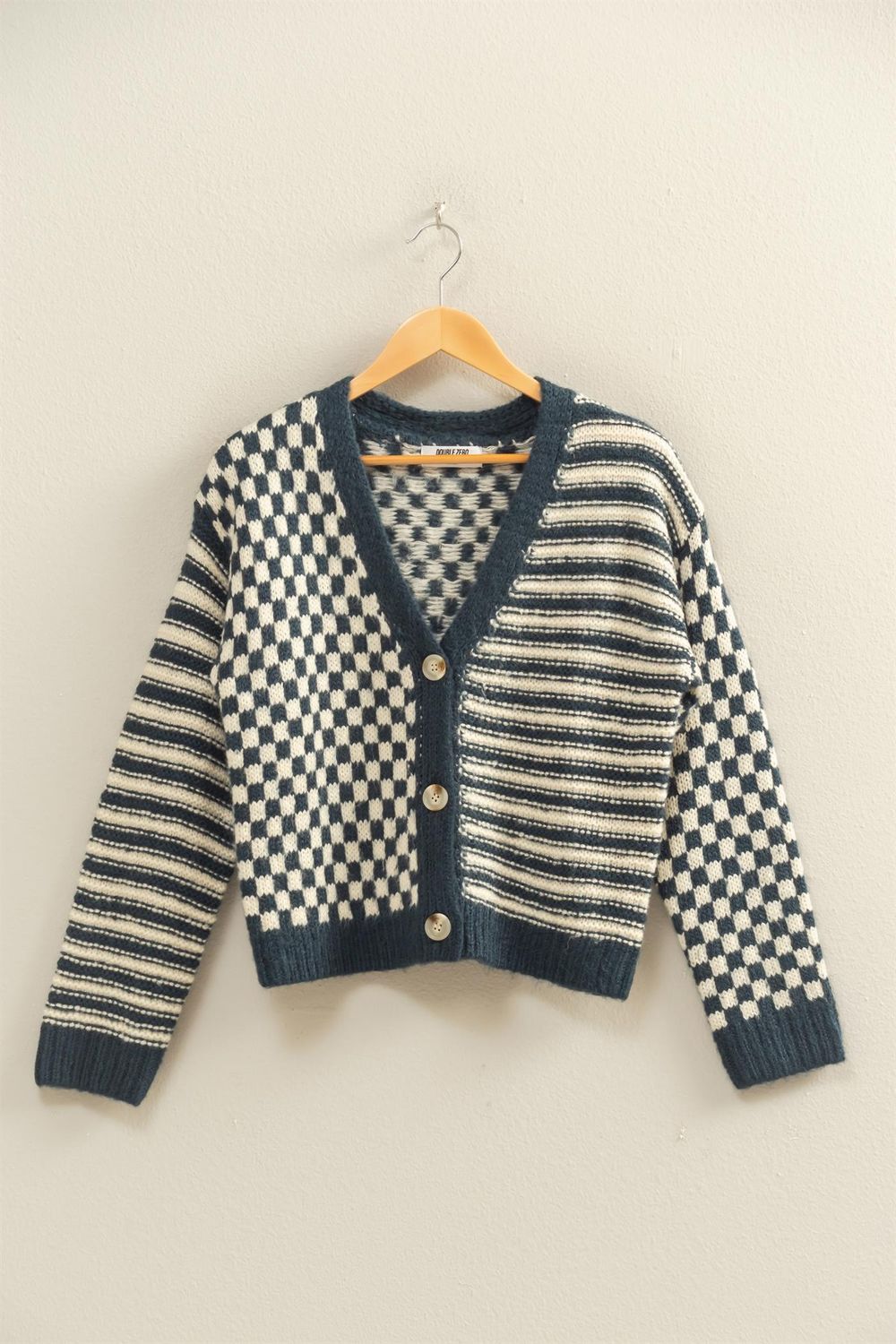 HYFVE Checker&amp;Stripe Knit Cardigan Sweater