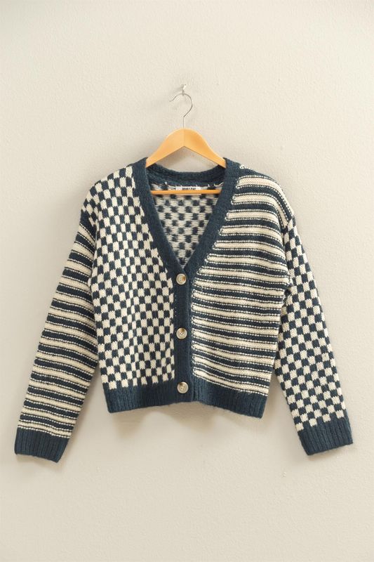 HYFVE Checker&amp;Stripe Knit Cardigan Sweater