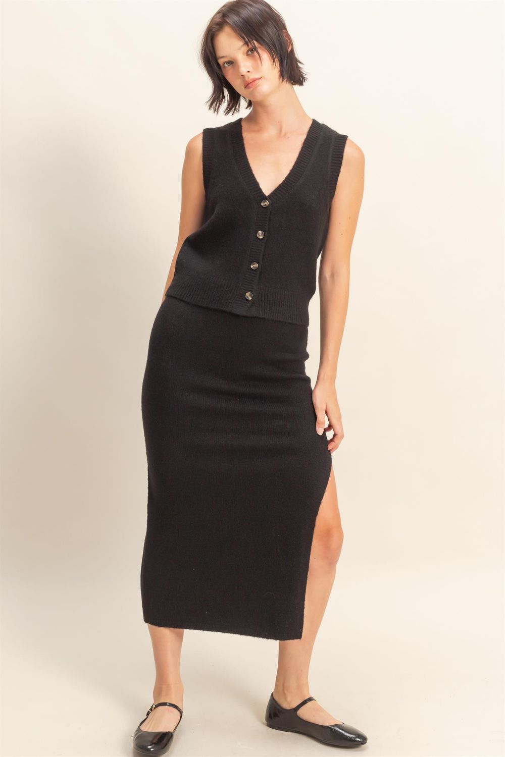 HYFVE Button Front Vest &amp; Midi Skirt Knit Set