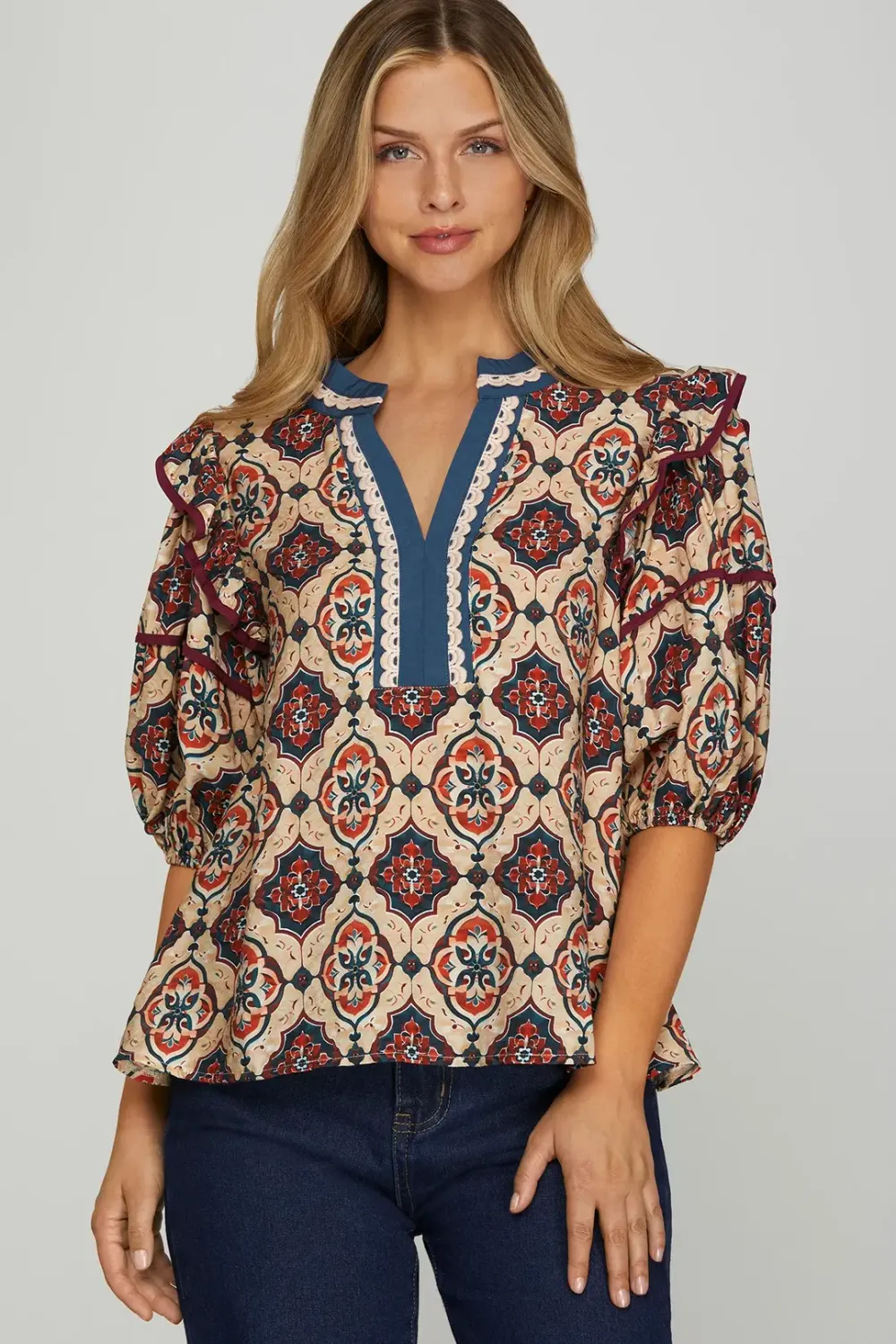She&amp;Sky Puff Sleeve Ruffle V-Neck Printed Top