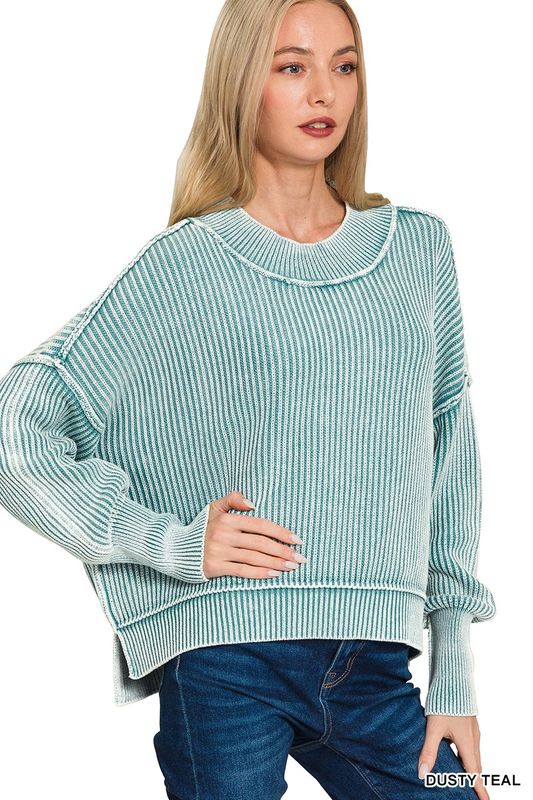 Zenana  Washed Side Slit Oversized Cropped Sweater