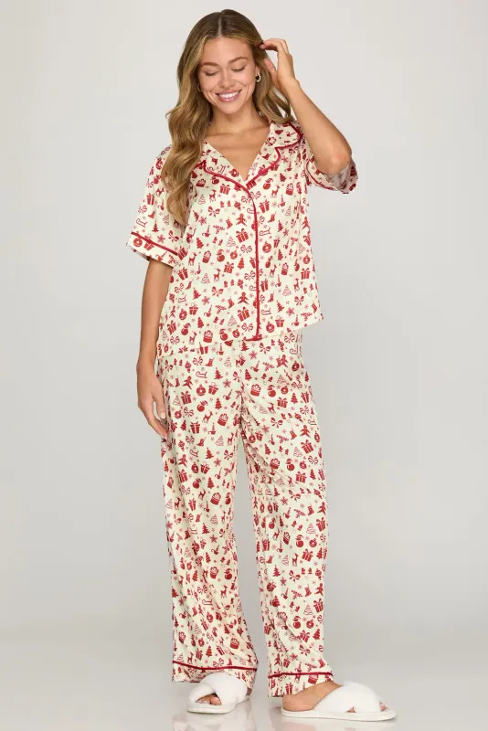 She &amp; Sky Printed Short Sleeve Pj Pants Set