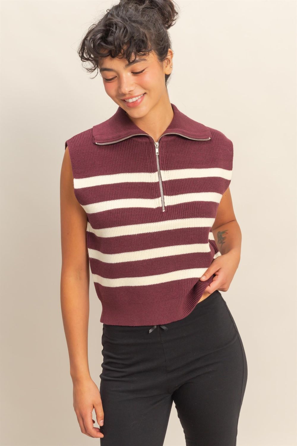 Hyfve Striped Knit Half Zip Sweater Vest