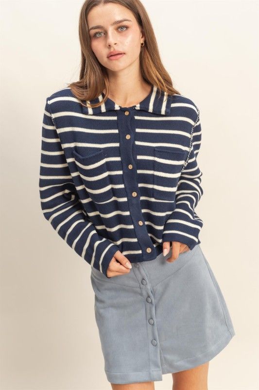 Hyfve Striped Button Down Knit Sweater
