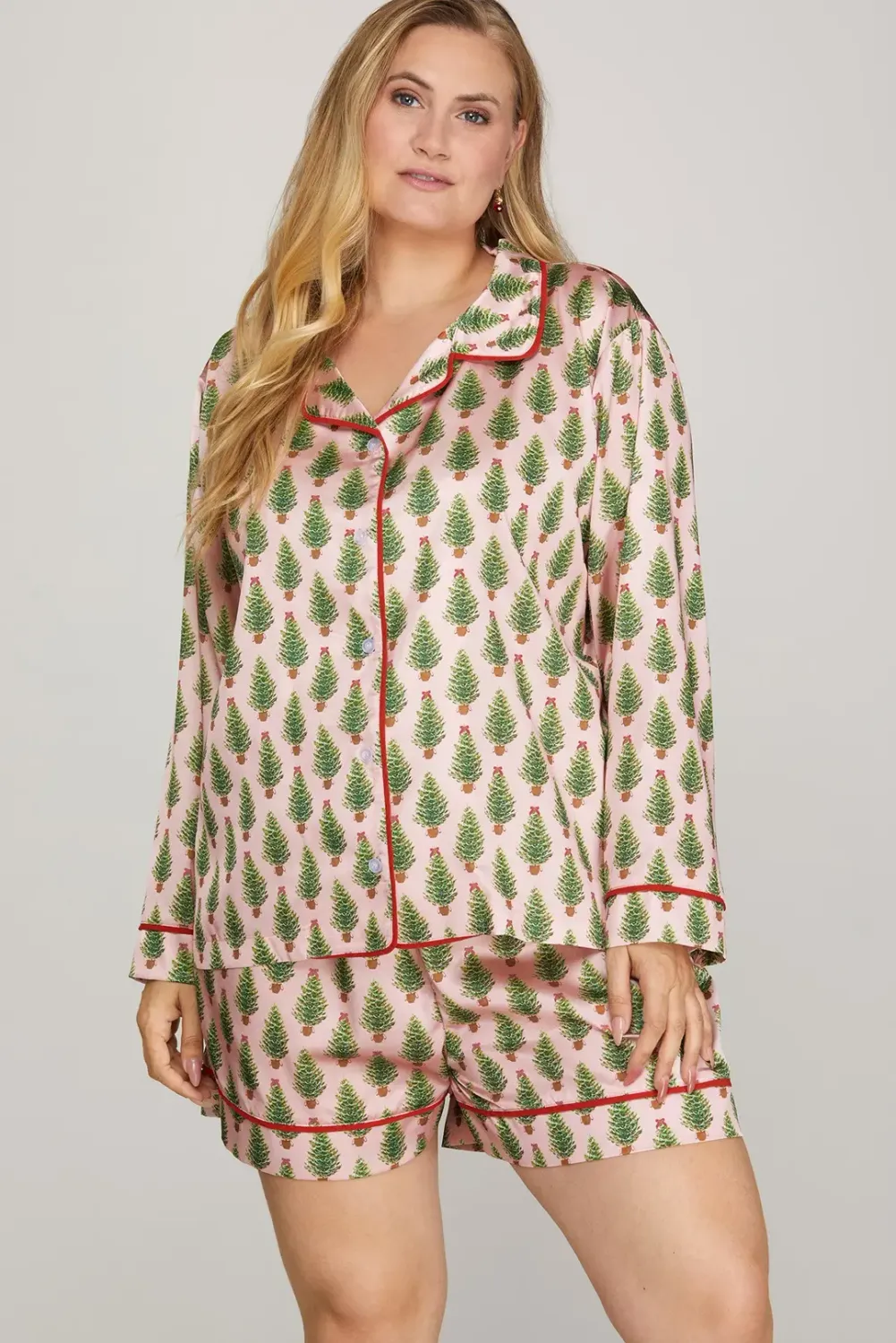 She &amp; Sky Plus Woven Christmas Tree Print L/S Pajama Set
